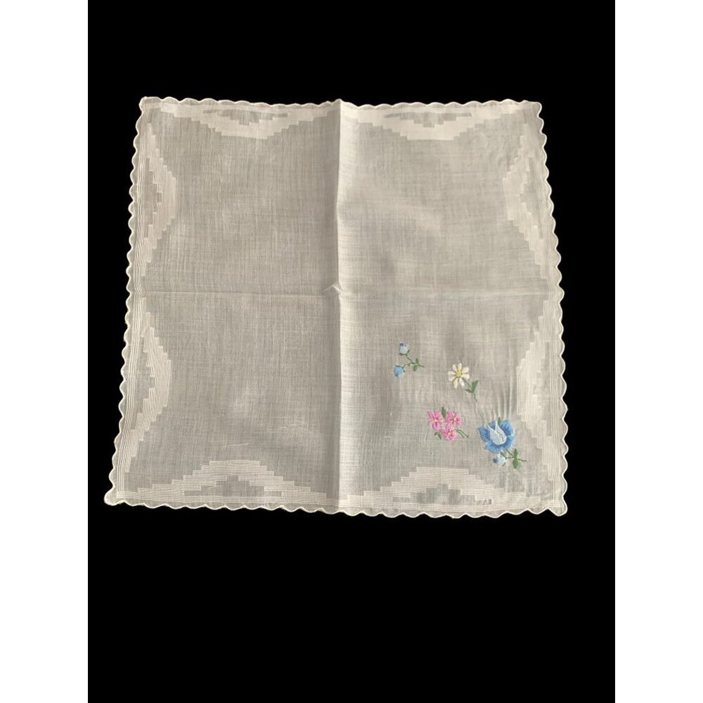 Handkerchief Hanky Hankie Vintage White Embroidered with Floral Design - Picture 2 of 3